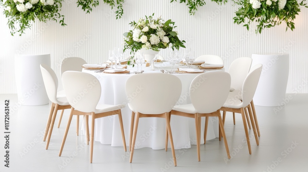 Obraz premium Elegant Round Dining Table Set with White Chairs and White Floral Decorations for Stylish Event or Wedding Reception