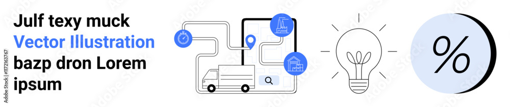 Truck with map indicating route, lightbulb symbolizing ideas, percentage for data, and text elements. Ideal for logistics, navigation, technology, business strategy, innovation, analytics Truck with map indicating route, lightbulb symbolizing ideas, percentage for data, and text elements. Ideal for logistics, navigation, technology, business strategy, innovation, analytics