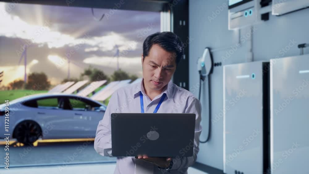 Asian Male Professional Worker Standing With His Laptop With Home Energy Storage System In a Modern Garage, Work Continuously Asian Male Professional Worker Standing With His Laptop With Home Energy Storage System In a Modern Garage, Work Continuously