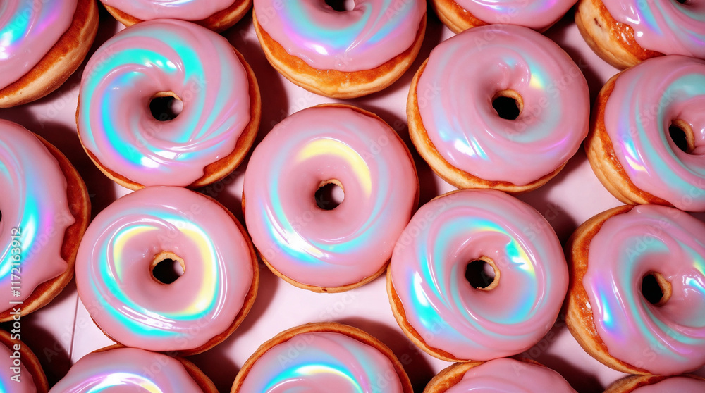 Close-up of colorful pink donuts with iridescent glaze on a pastel pink background, dessert concept Close-up of colorful pink donuts with iridescent glaze on a pastel pink background, dessert concept