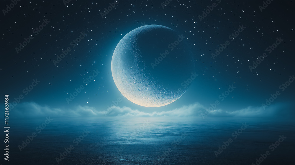 Fototapeta premium Crescent Moon Serenity: A mesmerizing crescent moon graces a starlit sky, casting an ethereal glow upon a tranquil sea, evoking a sense of peace and wonder. 