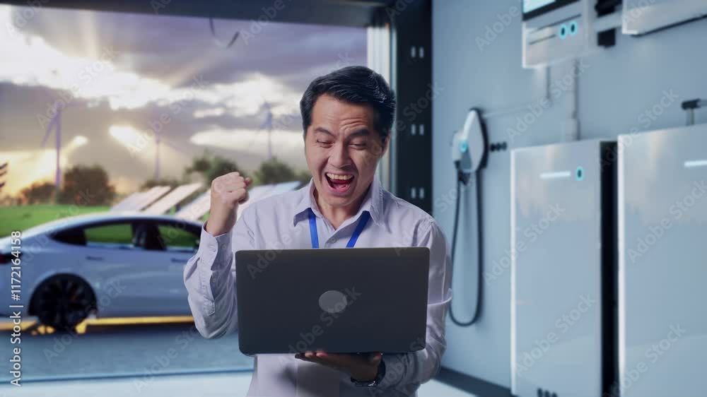 Asian Male Professional Worker Standing With His Laptop With Home Energy Storage System In a Modern Garage, He Raises His Fist Up With Screaming Goal Asian Male Professional Worker Standing With His Laptop With Home Energy Storage System In a Modern Garage, He Raises His Fist Up With Screaming Goal
