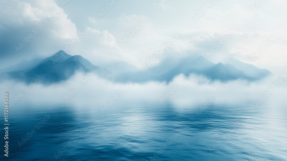Fototapeta premium Misty Mountain Lake: Serene landscape photography of a tranquil lake shrouded in mist, with majestic mountains rising in the background. The image evokes a sense of calm and mystery.