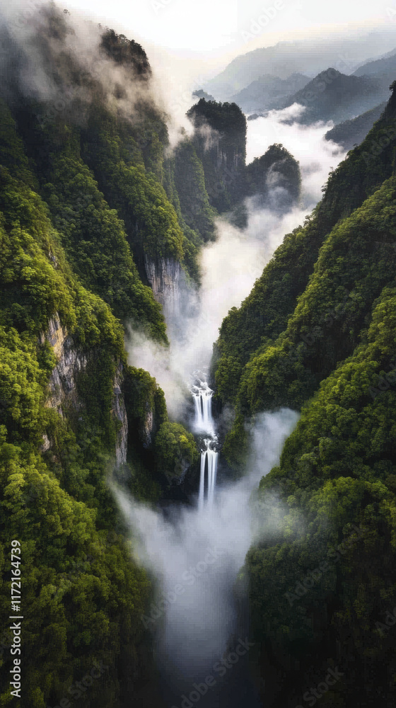 breathtaking aerial view of waterfalls cascading through lush green mountains, surrounded by mist and fog, creating serene and dramatic landscape breathtaking aerial view of waterfalls cascading through lush green mountains, surrounded by mist and fog, creating serene and dramatic landscape