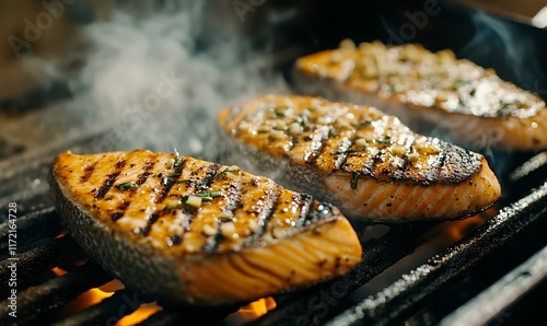 Grilled Salmon Cooking on Grill photo