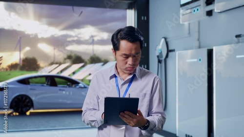Wallpaper Mural Asian Male Professional Worker Standing With His Tablet With Home Energy Storage System In a Modern Garage, He Is Nodding His Head With Dissapionted Torontodigital.ca
