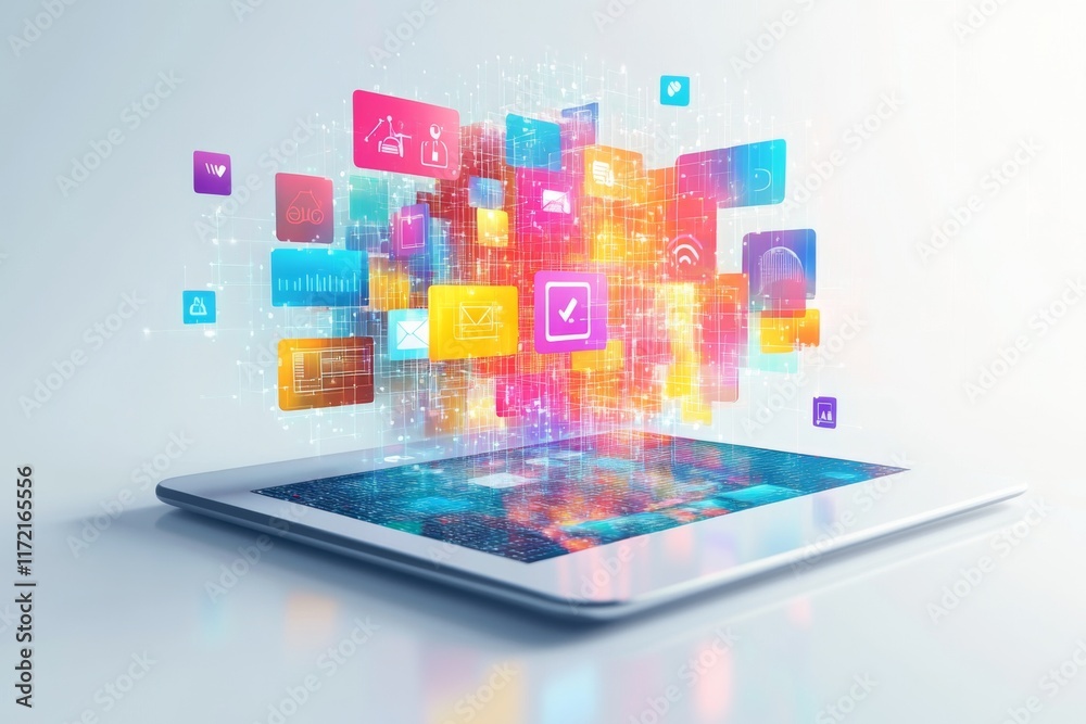 Abstract digital tablet with colorful floating icons Abstract digital tablet with colorful floating icons