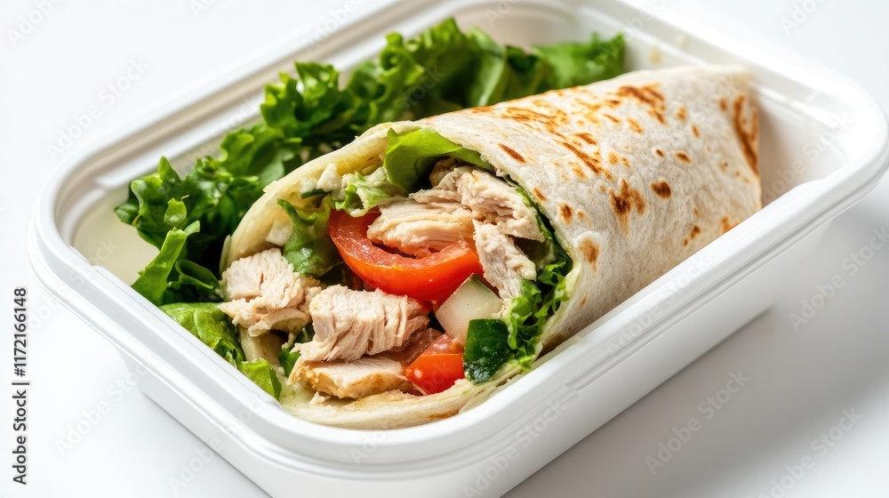A chicken salad wrap presented in a to-go container for a healthy lunch option. A chicken salad wrap presented in a to-go container for a healthy lunch option.