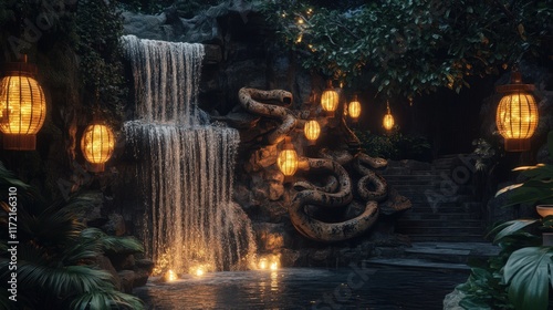 Enchanting Waterfall Oasis with a Giant Serpent and Lanterns photo