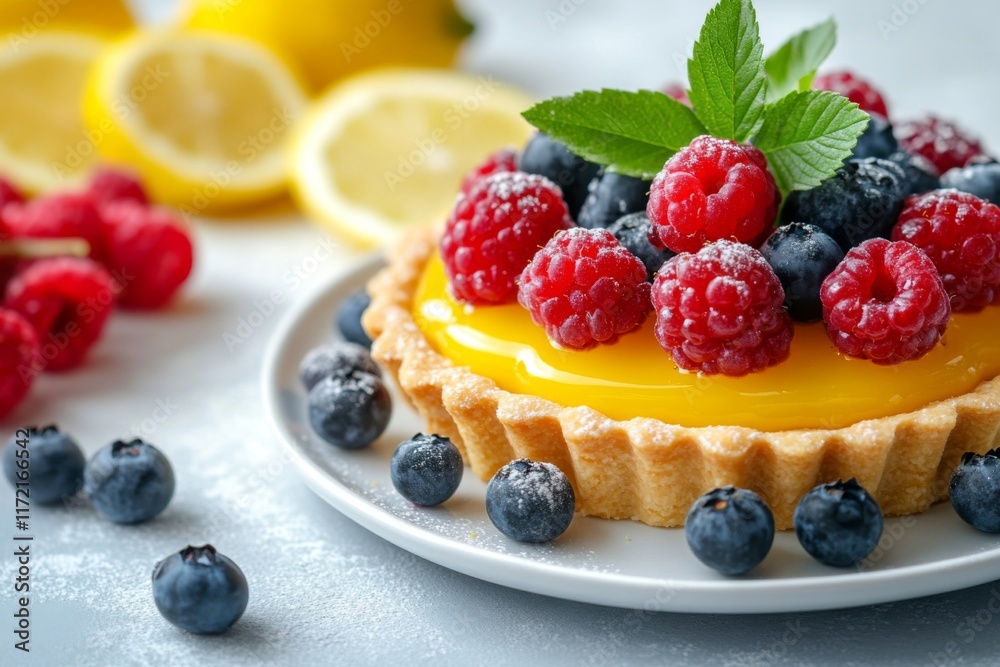 Lemon tart topped with fresh berries and mint leaves Lemon tart topped with fresh berries and mint leaves