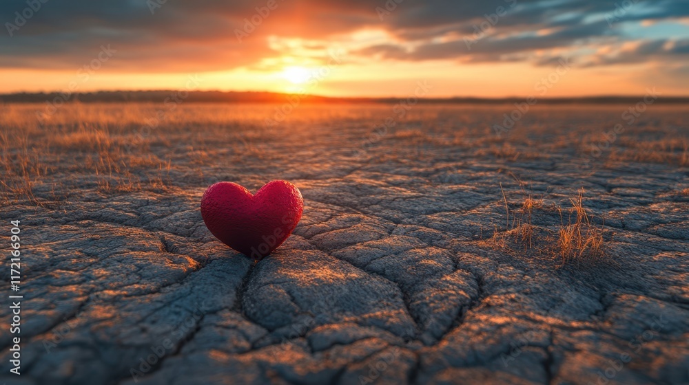 Fototapeta premium A solitary red heart rests gently on the sandy expanse, contrasting with the vastness of the desert, symbolizing love's resilience in unlikely places.