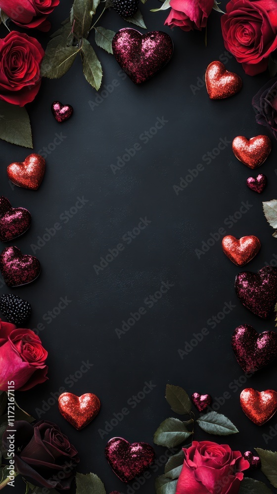A romantic scene unfolds with vibrant red roses and playful red hearts dancing against a deep black backdrop, embodying love's passionate spirit. A romantic scene unfolds with vibrant red roses and playful red hearts dancing against a deep black backdrop, embodying love's passionate spirit.