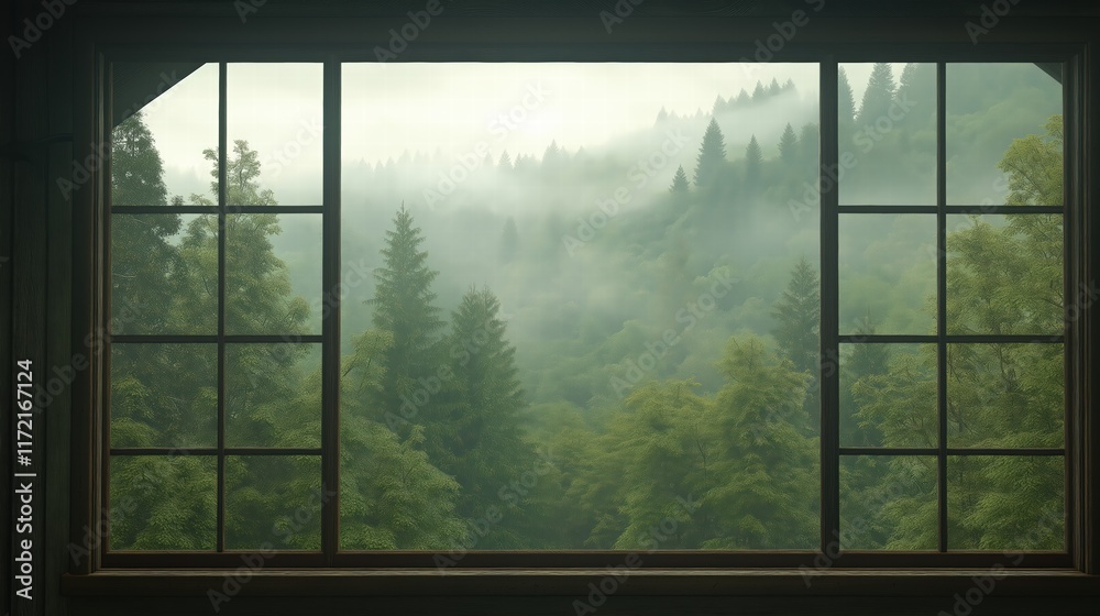 Naklejka premium Misty Forest View Through a Window