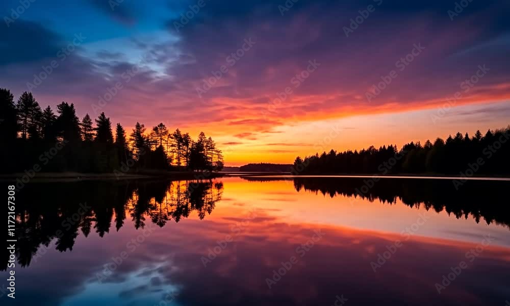 A serene sunset over a tranquil lake, showcasing vibrant colors reflecting on the water, surrounded by trees, creating a peaceful and picturesque landscape. A serene sunset over a tranquil lake, showcasing vibrant colors reflecting on the water, surrounded by trees, creating a peaceful and picturesque landscape.