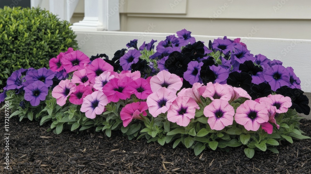 Fototapeta premium A close-up of a vibrant flower bed featuring petunias and pansies in multiple colors.