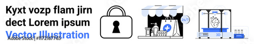 Padlock with keyhole, shopping carts and medical cross, credit card reader with fingerprint scanner. Ideal for digital security, online shopping, secure payments, technology, healthcare, convenience