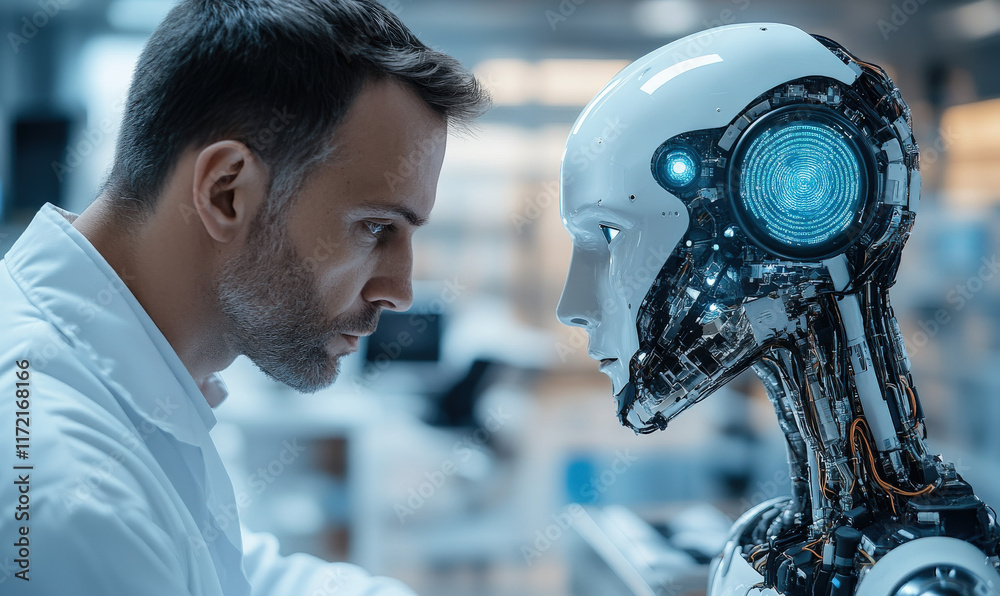 Fototapeta premium Technicians and white humanoid robots