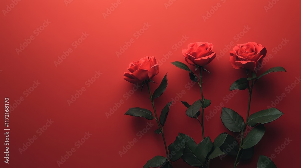 Three vibrant red roses bloom elegantly in a clear vase, contrasting beautifully against a rich red wall, embodying love and passion for Valentine's Day. Three vibrant red roses bloom elegantly in a clear vase, contrasting beautifully against a rich red wall, embodying love and passion for Valentine's Day.