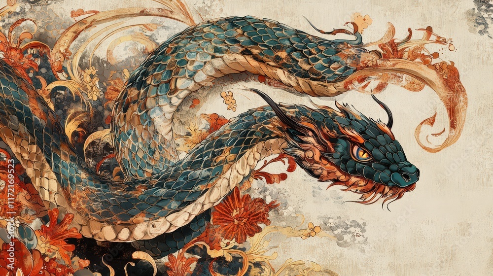 Fototapeta premium Serpentine Dragon Amidst Ornate Floral Designs
