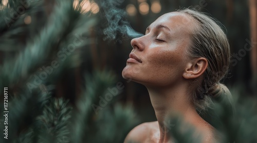 Woman Inhaling Fresh Air Peaceful Nature Scene Blonde Hair Sensual Portrait