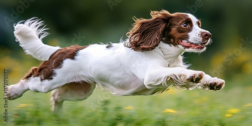 Happy dog running in field, nature background. Pet adoption