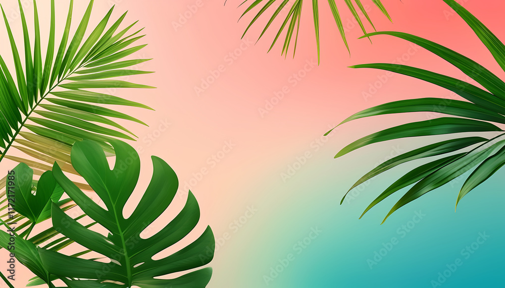 Fototapeta premium tropical leaves on a pink and blue background