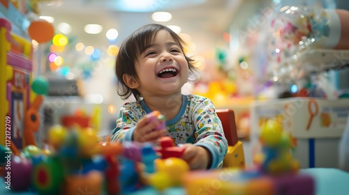 Little boy playing with colorful toys on the floor.