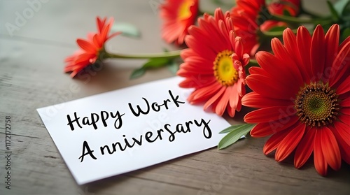 Happy Work Anniversary Greeting Card with Vibrant Red Gerbera Daisies on Rustic Wooden Table