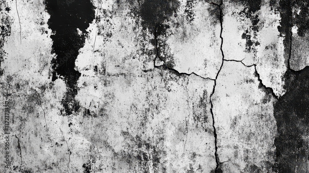 Fototapeta premium A black and white grunge texture pattern featuring cracks, chips, scuffs, dust, and stains on a transparent background, creating an abstract monochrome design.