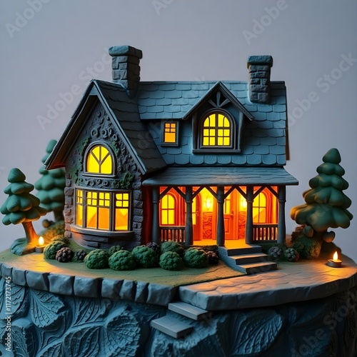 Sculpted papier-mâché home exterior, evening scene, warm interior lights illuminating the structure, lush landscaping Generative AI  photo