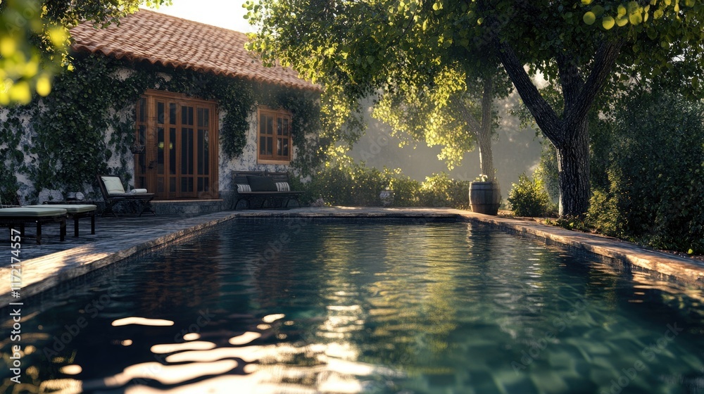 A peaceful poolside view of a house with trees casting soft morning shadows over the water. A peaceful poolside view of a house with trees casting soft morning shadows over the water.