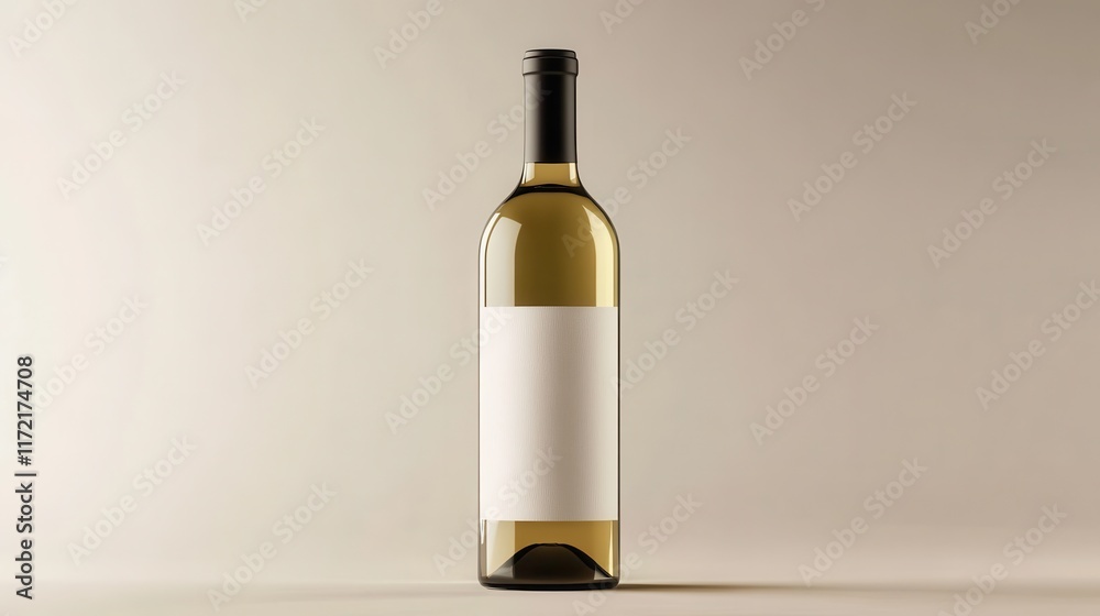 Minimalist white wine bottle with a blank label, offering a high-quality mock-up for branding and packaging design. Minimalist white wine bottle with a blank label, offering a high-quality mock-up for branding and packaging design.