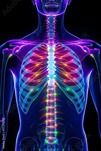 xray illustration Human figure with bones rendered in bioluminescent blues, greens, and purples