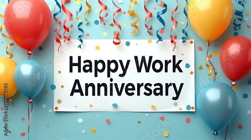Festive Happy Work Anniversary Celebration with Balloons, Confetti, and Streamers