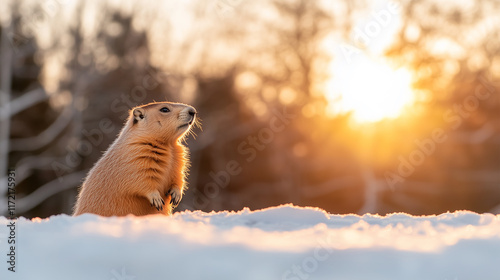 A groundhog stands on fresh snow with a clear shadow, celebrating Groundhog Day against a sunny, wintry backdrop of bare trees photo