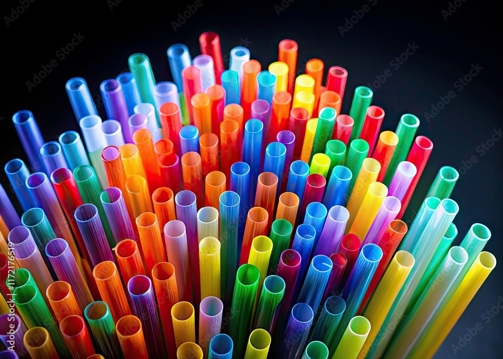 Vibrant plastic straws pop against a black background in these isolated, detailed macro shots. Vibrant plastic straws pop against a black background in these isolated, detailed macro shots.