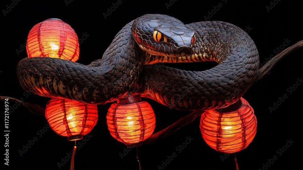 Fototapeta premium Black Snake Coiled Among Glowing Red Lanterns