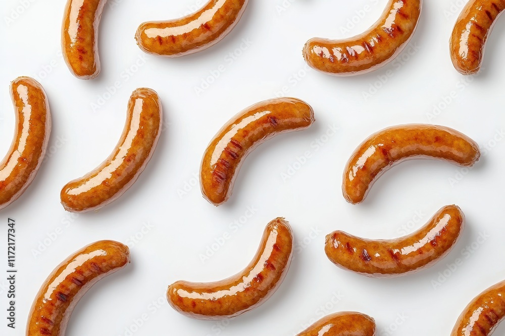 Grilled sausages arranged on white background. Perfect for food blogs, recipe sites, and restaurant menus. Grilled sausages arranged on white background. Perfect for food blogs, recipe sites, and restaurant menus.