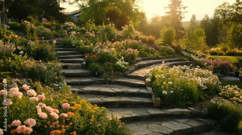 A serene hillside flower garden with terraced beds filled with seasonal blooms. A serene hillside flower garden with terraced beds filled with seasonal blooms.
