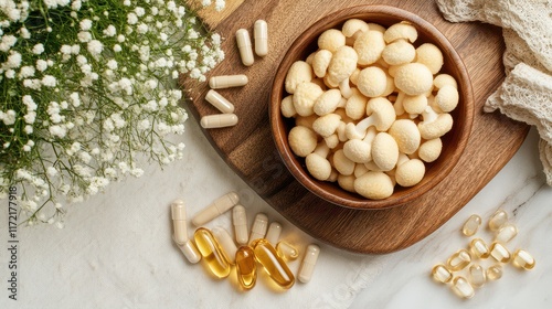 Overhead flat lay view showcasing lions mane mushrooms alongside vitamin supplement tablets. photo