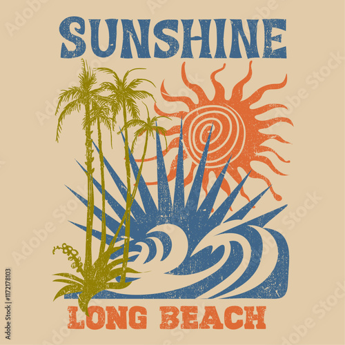 Sunshine beach prints. summer vibes. palm tree. big waves. tropical paradise. summer paradise. vintage retro graphics. t shirt design. vintage tee. summer t-shirt Design. sunrise vector.