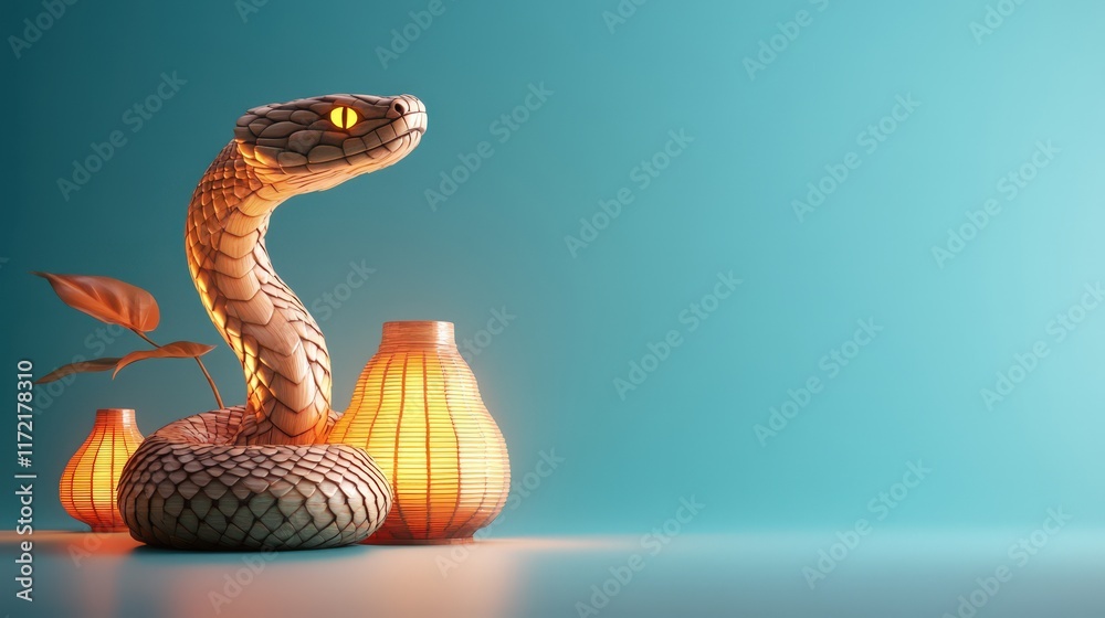 Fototapeta premium Wooden Snake Coiled Around Illuminated Lamps And Plant