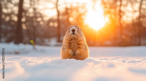A groundhog casts a distinct shadow on snowy terrain, symbolizing Groundhog Day under bright sunlight with a wintery forest backdrop