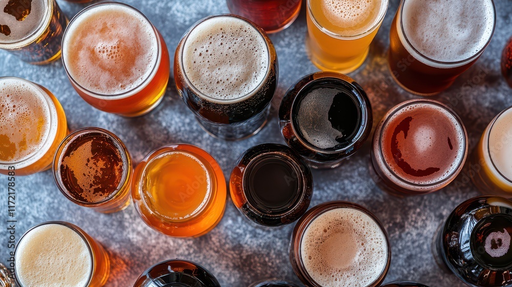 Overhead view of a variety of beer glasses including ales and lagers, showcasing different colors, textures, and frothy tops, set against a surface for a diverse and inviting beer selection. Overhead view of a variety of beer glasses including ales and lagers, showcasing different colors, textures, and frothy tops, set against a surface for a diverse and inviting beer selection.