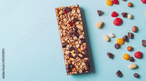 Overhead view of an energy protein bar or chocolate bar with a packaging template design, showcasing the snack's potential branding and design.