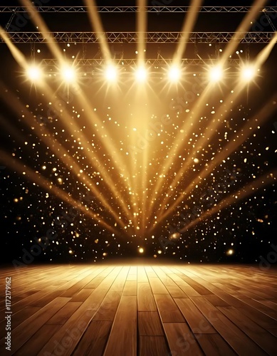 Golden Stage Lights Illuminate Wooden Floor With Confetti