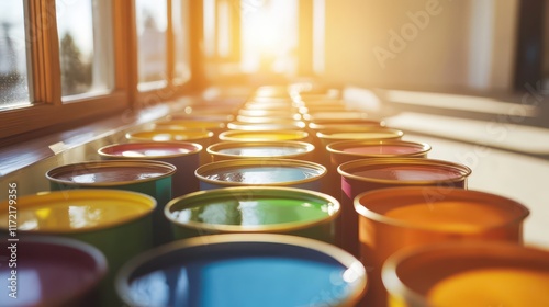 Paint cans in a sunlit room, ideal for home renovation and interior design projects. photo