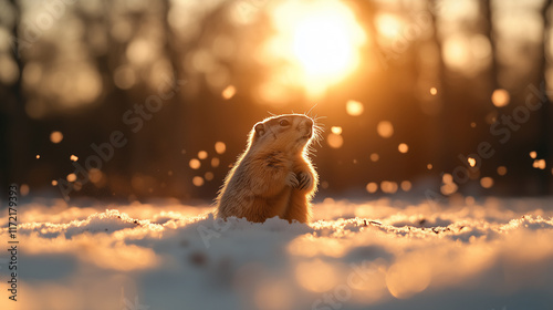 Standing on snow, a groundhog’s distinct shadow and textured fur are highlighted by bright sunlight, celebrating Groundhog Day in winter's beauty photo