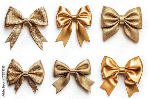 Gold bow hair clips in a neatly arranged row on a white marble background, adding a touch of elegance and glamour. photo