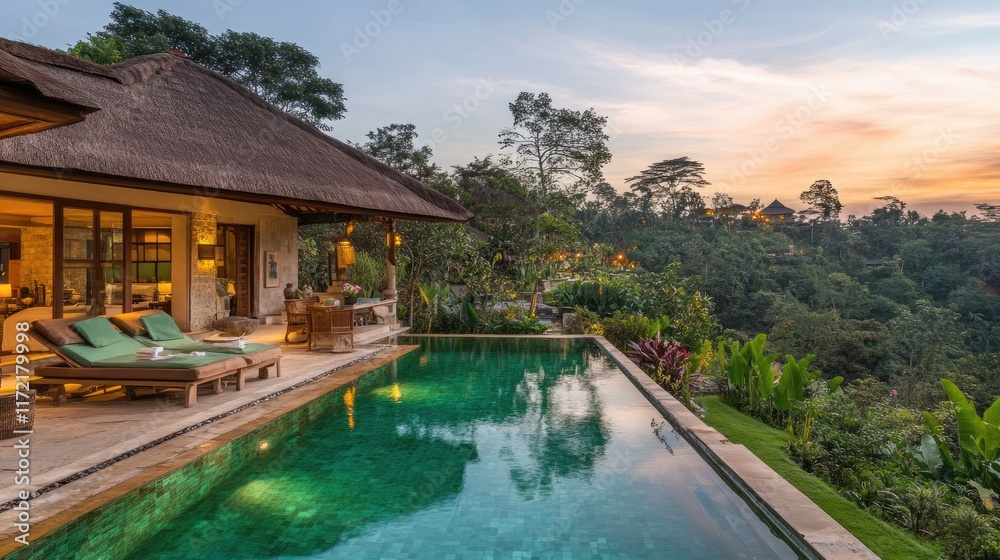 Naklejka premium A swimming pool beside a luxurious villa, glowing under the vibrant hues of the morning sky.